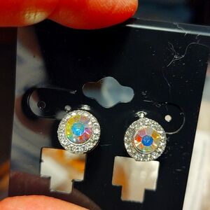 Clip Earrings - Silver With AB Crystal Center With Clear Crystal Border